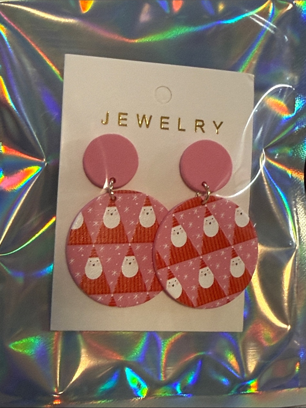 Pink Santa Print Dangle Earrings - Stud style